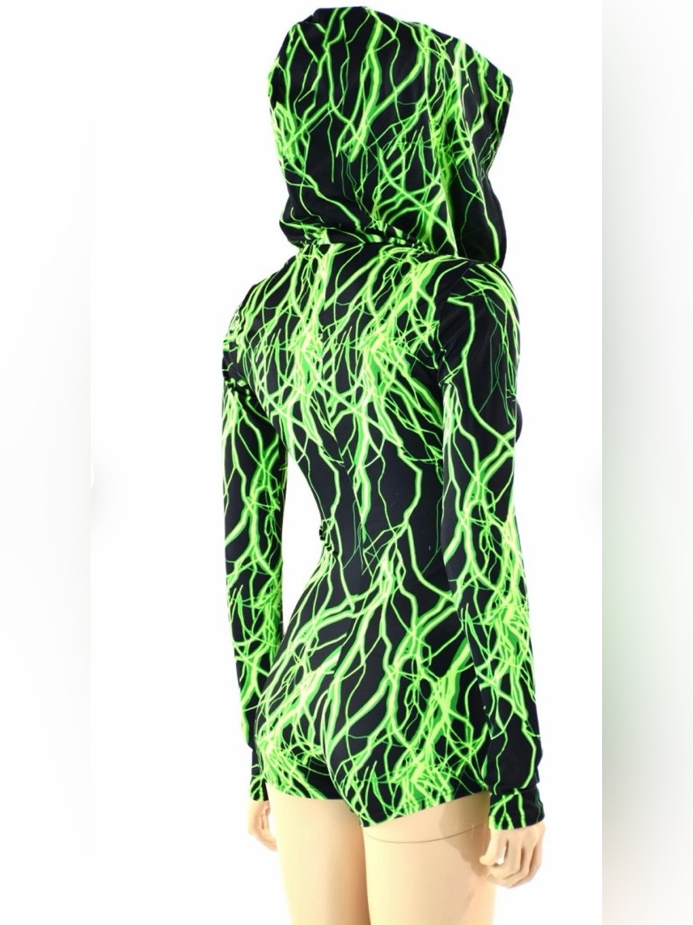 Coquetry Clothing Neon UV Green Lightning Print Long Sleeve Hoody Romper - Picture 9 of 9
